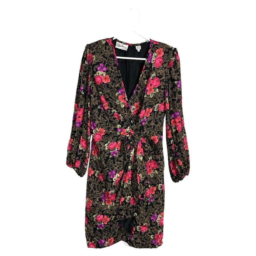 VTG Oleg Cassini 100% Silk Floral Dress Womens 8 Shoulder Pads Lined Bow Waist